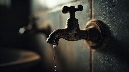 Antique faucet drips water gently, casting shadows and creating a sense of nostalgia and history