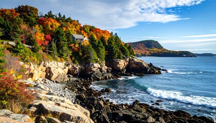 Fototapeta premium Autumn coastal landscape with rocky shoreline and colorful foliage