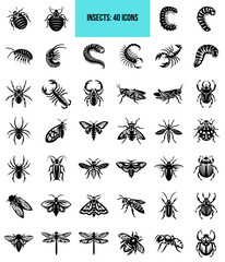 Obraz premium Insects icon set featuring 40 diverse black illustrations 