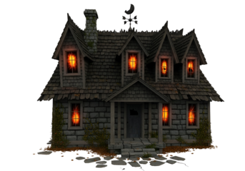A weathered, stone house with glowing windows stands out against a dark background, casting a mysterious and eerie atmosphere.