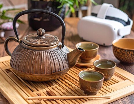 Cup of tea with teapot and VR headset on table in a modern kitchen setting - Powered by Adobe