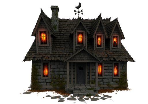 A weathered, stone house with glowing windows stands out against a dark background, casting a mysterious and eerie atmosphere.