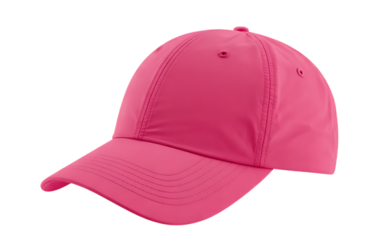 Bright pink baseball cap with curved brim and stitched details fashion isolated on a transparent background