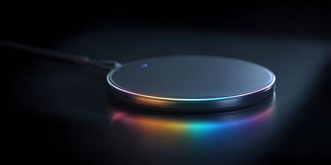 Wireless Charger Mockup with Colorful Lighting on Dark Desk