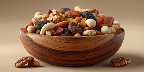 Wooden Bowl of Mixed Nuts and Dried Fruit on Beige Background