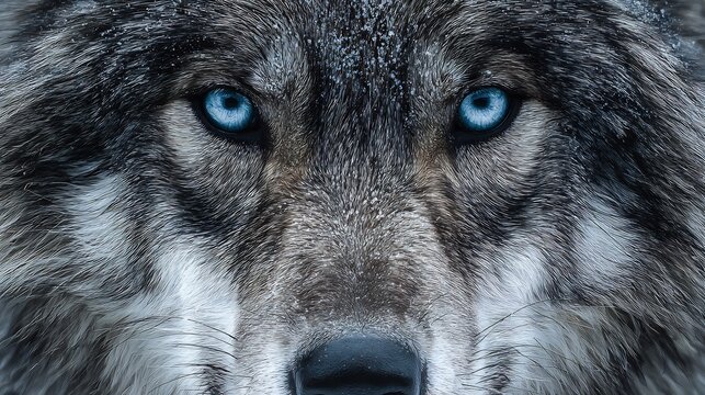 Hyper detailed close up of wolf face with icy blue eyes lifelike fur textures and sharp whiskers realistic wildlife portrait