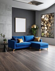 Modern interior design of a living room with concrete grey walls and colourful sofa, artwork, plants, lamps and rug. Essentials for good design. Male bachelor pad oriented design