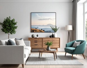 Modern interior design of a living room with concrete grey walls and colourful sofa, artwork, plants, lamps and rug. Essentials for good design. Male bachelor pad oriented design