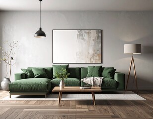 Modern interior design of a living room with concrete grey walls and colourful sofa, artwork, plants, lamps and rug. Essentials for good design. Male bachelor pad oriented design