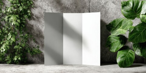 White Trifold Brochure Mockup on Concrete with Green Leaf Background