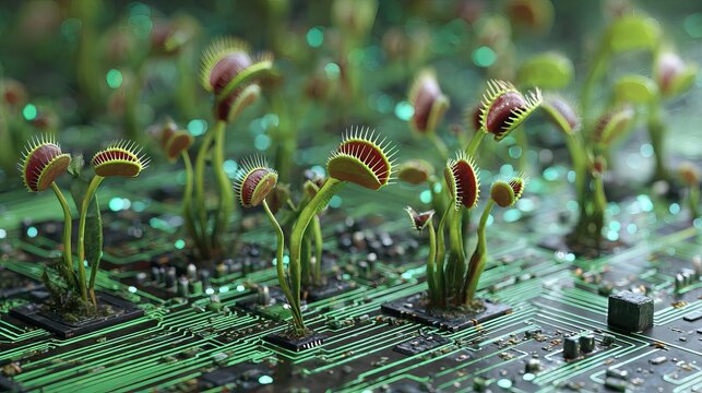 Venus flytraps thriving on digital circuits creating a symbiosis between technology and nature's adaptation.