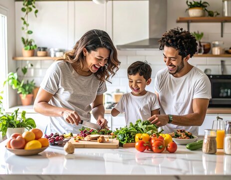 Happy family cooking together in kitchen preparing a meal