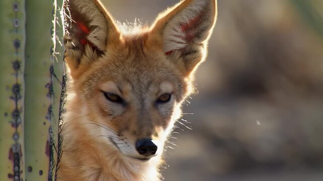 Fennec Fox Portrait With Large Ears in Desert Outdoor Setting Near Cactus