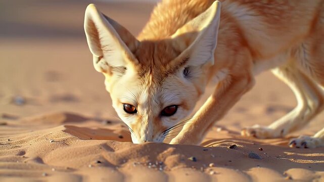Fennec Fox Sniffing Sand on a Bright Day with a Clear Tan Sandy Background With Visible Pattern
