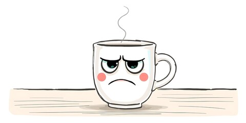 A grumpy, steaming coffee mug with a disappointed face and pink cheeks.