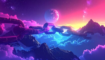 Fototapeta premium Cosmic chain, mountains, clouds