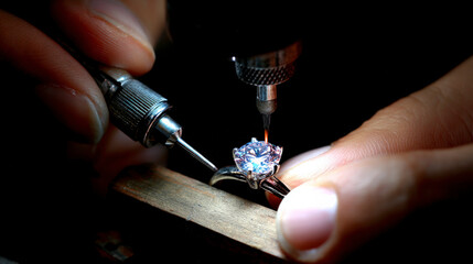 A person is working on a diamond ring with a diamond cutter