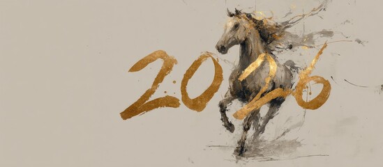 Elegant 2026 illustration with running horse in Asian ink brush style and golden calligraphy numbers. Symbol of speed, strength, and new year celebration.