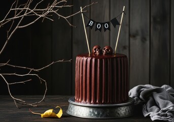 A spooky chocolate cake decorated with skulls and a boo banner, perfect for a halloween celebration, set against a dark, rustic background with bare branches