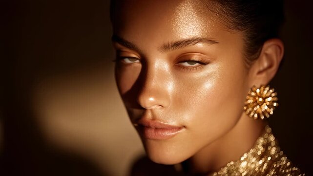 Shimmering Radiance: Close-up of a Charming Woman with Exquisite Makeup