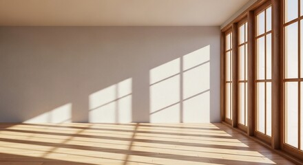Sun-drenched room with modern wooden window frames casting shadows, perfect for architectural design or interior staging projects