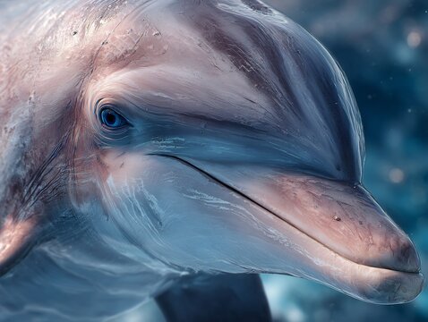 Close up of dolphin face with smooth skin and intelligent eyes in hyper realistic wildlife detail