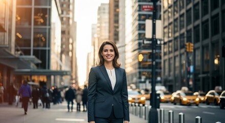 A confident business woman strides confidently through the bustling city, exuding success.