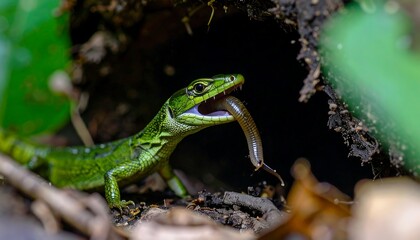 Naklejka premium A Vibrant Green Lizard Engulfing a Worm in Natural Habitat Under a Canopy