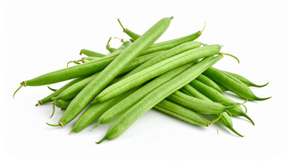 Obraz premium Freshly Picked Green Beans Pile on a Clean White Surface, Ready for Cooking