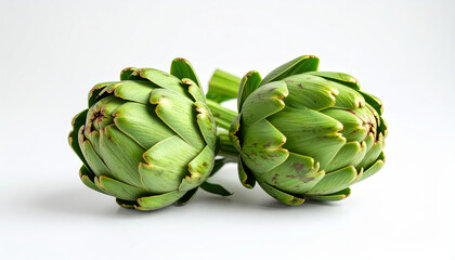 Obraz premium Two fresh green artichokes with stems on a clean white background