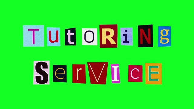 Tutoring service headline created with pieces of paper in form of magazine cut letters collage against green screen. Isolated phrase on education theme filmed on alpha channel. Teaching concept