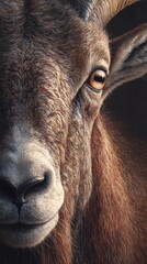 Close up of mountain goat face with horn detail and lifelike fur in hyper realistic wildlife portrait