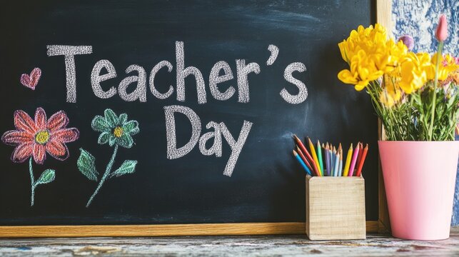Teacher's Day chalk text on a school blackboard. Colorful flower patterns and a heart. A wooden container holds bright pencils. Fresh yellow blossoms in a pink vase, for special appreciation.