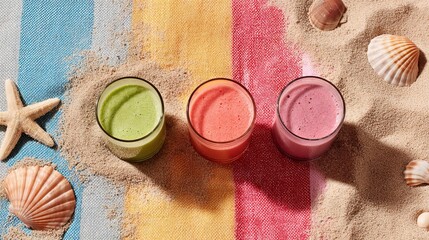 Three vibrant smoothies on sandy beach featuring shells and bright striped colorful summer towel backdrop creating refreshing coastal aesthetic