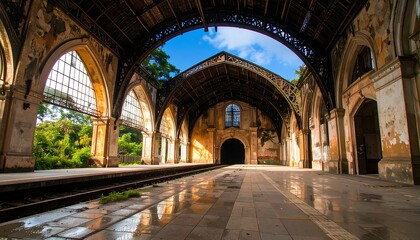 Obraz premium Abandoned grandeur: a journey through time at the old train station arcade