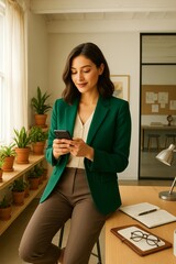 Stylish young woman in emerald blazer using smartphone in a modern creative office with plants and warm natural light.