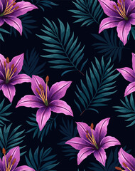 Vector floral pattern with lilac lily flowers, palm  
leaves isolated on black background.
Summer tropical print. Fashionable ornament for paper,
women clothing, fabric, textile, notepad, packaging. 