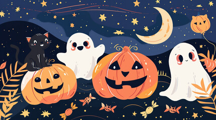 かわいいジャックオーランタンとおばけのハロウィンイラスト