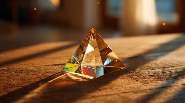 Clear crystal pyramid casting rainbow light and long shadow on a wooden surface in warm sunlight