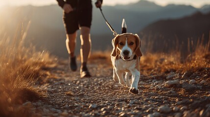Running with Loyal Beagle Outdoors During Sunset On a Hiking Trail With Owner Companion