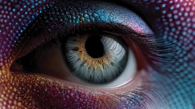 Close-up of an eye under shimmering light, revealing mystery and beauty