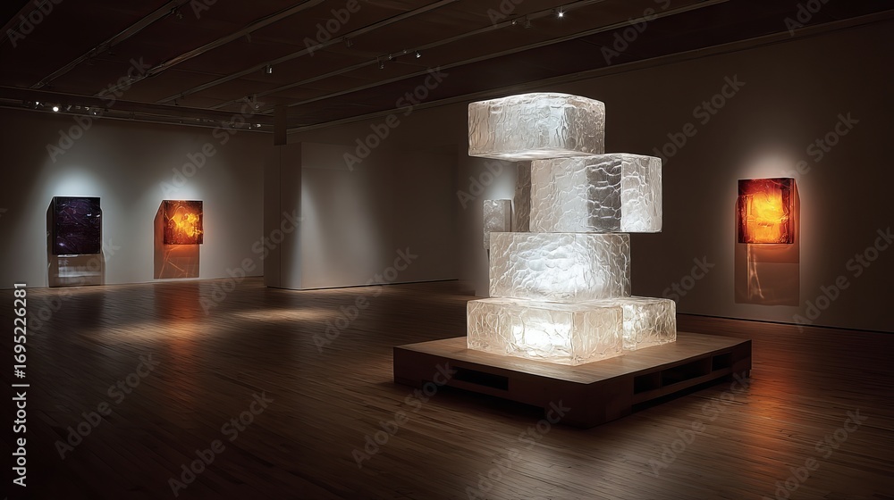 Poster illuminated crystal cube art installation displayed artistically within a gallery, captivating viewe