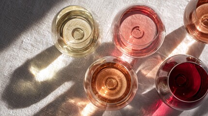 Obraz premium Wine glasses with diverse color drinks casting delicate shadows across textured linen fabric surface showcasing light refraction