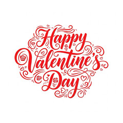 Fototapeta premium Large bold calligraphy “Happy Valentine’s Day” in bright red, decorative swirls, white background.