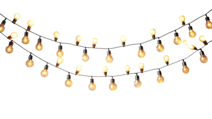 A string of warm, glowing edisonstyle light bulbs hanging in a decorative arc, isolated on a transparent background, perfect for festive or ambient lighting