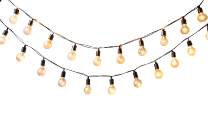 A string of warm, glowing edisonstyle light bulbs hanging in a decorative arc, isolated on a transparent background, perfect for festive or ambient lighting