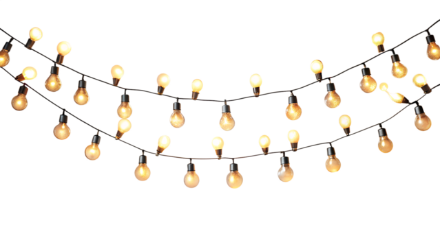 A string of warm, glowing edisonstyle light bulbs hanging in a decorative arc, isolated on a transparent background, perfect for festive or ambient lighting