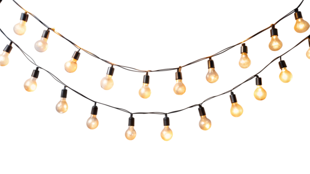 A string of warm, glowing edisonstyle light bulbs hanging in a decorative arc, isolated on a transparent background, perfect for festive or ambient lighting
