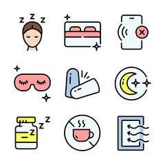 Sleep Hygiene And Wellness color icons set. Tips better sleep flat signs. Promoting relaxation and better sleep through mindful habits and routines. Isolated Vector Illustration.