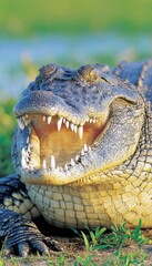 Obraz premium A close-up of a large, formidable crocodile with its mouth agape, showcasing sharp teeth and a textured, scaled skin; the natural setting of the wetland is visible in the background.